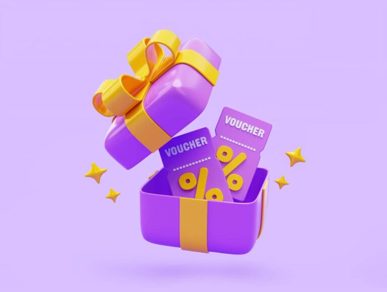 purple open gift box with voucher bonus surprise minimal present greeting celebration promotion discount sale reward icon 3d illustration - عروض